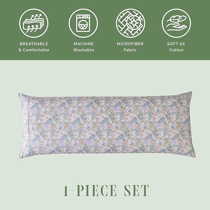 Elegant Comfort Ultra Soft 1-Piece Set Floral Print Pillowcases - 1500 Premium Hotel Quality Microfiber, Soft and Smooth Hidden Zipper Closure 1-Piece Pillow Covers - Body Pillowcase, Paisley Teal