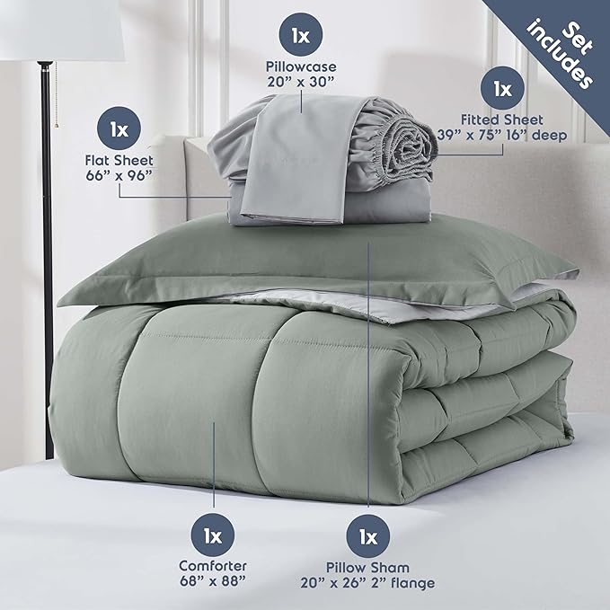 Nestl 7 Piece Twin Comforter Set – Sage Green Reversible Bed in a Bag – Complete Twin Size Bedding Set with Sheets, Set of 2 Cooling Pillows, Pillowcase and Sham