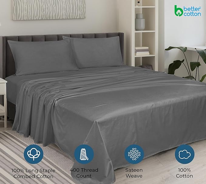 ROYALE LINENS 400 Thread Count 100% American Grown Cotton 3 Piece Sateen Twin Sheet Set - 1 Fitted Sheet, 1 Flat Sheet, 1 Pillow case - Grey Twin Bedsheet - Cotton Sheets - (Twin, Spanish Slate)