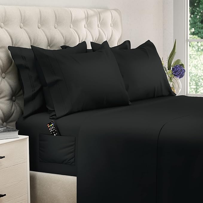 DREAMCARE Queen Sheet Set - 6 pcs Breathable Cooling Bed Sheets - up to 21" Extra Deep Pocket Queen Sheets Set with Side Pockets - Extra Soft 100% Brushed Hypoallergenic Hotel Luxury Bedding - Black