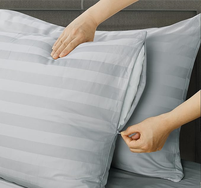4 Pack 100% Egyptian Cotton King Pillow Protector with Hidden Zipper, 400 Thread Count Pillow Covers, Sateen Weave Cooling Bed Pillow Cases, Soft Breathable Non Noisy Easy Care (Striped Gray)