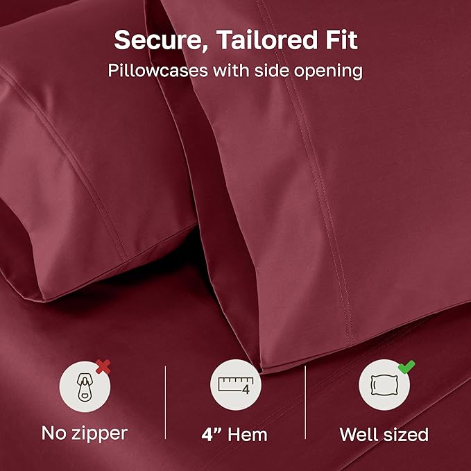California Design Den Natural 100% Cotton Pillow Cases Queen Size Set of 2 - Luxuriously Soft and Thick 800 Thread Count, Smooth Sateen Standard/Queen Pillow Cases, Durable - Red Wine