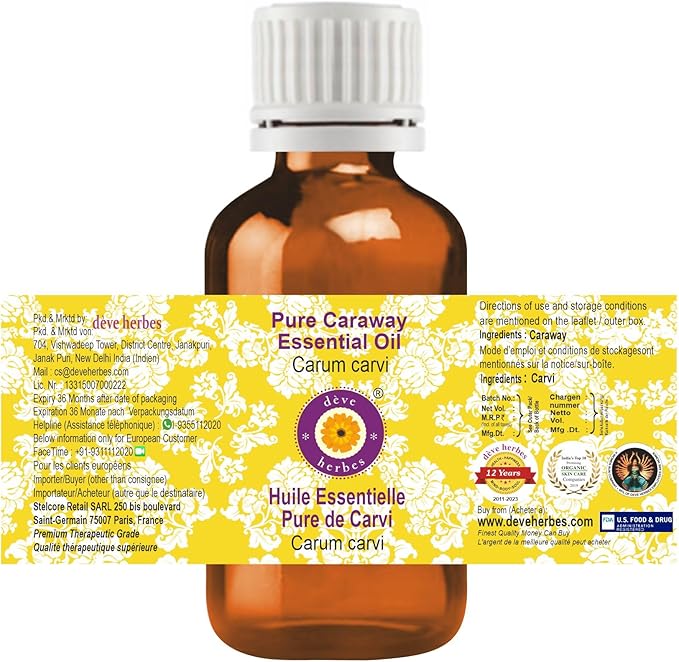 Deve Herbes Pure Caraway Essential Oil (Carum carvi) Steam Distilled 50ml (1.69 oz)