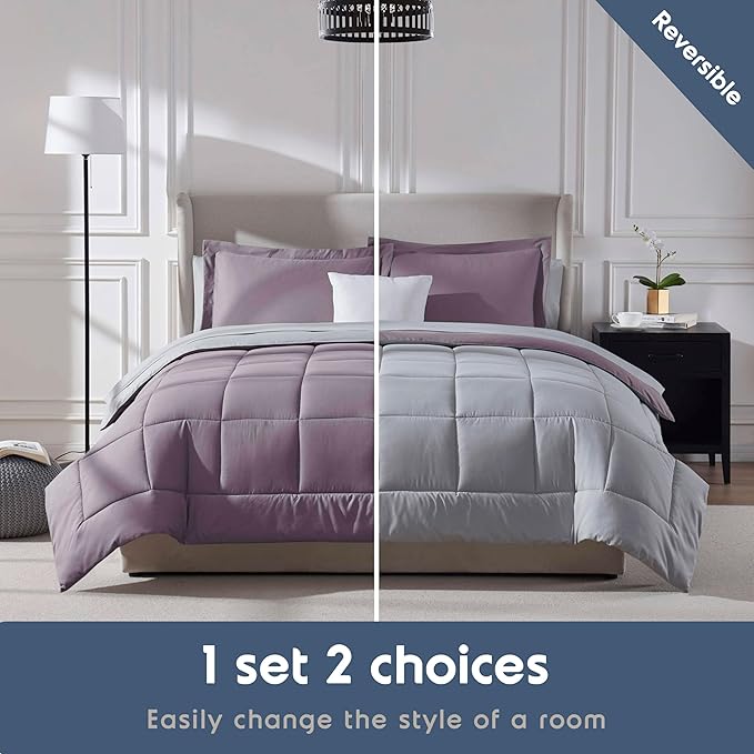 Nestl 9 Piece King Comforter Set – Dusty Purple Reversible Bed in a Bag – Complete King Size Bedding Set with Sheets, Set of 2 Cooling Pillows, Pillowcases and Shams