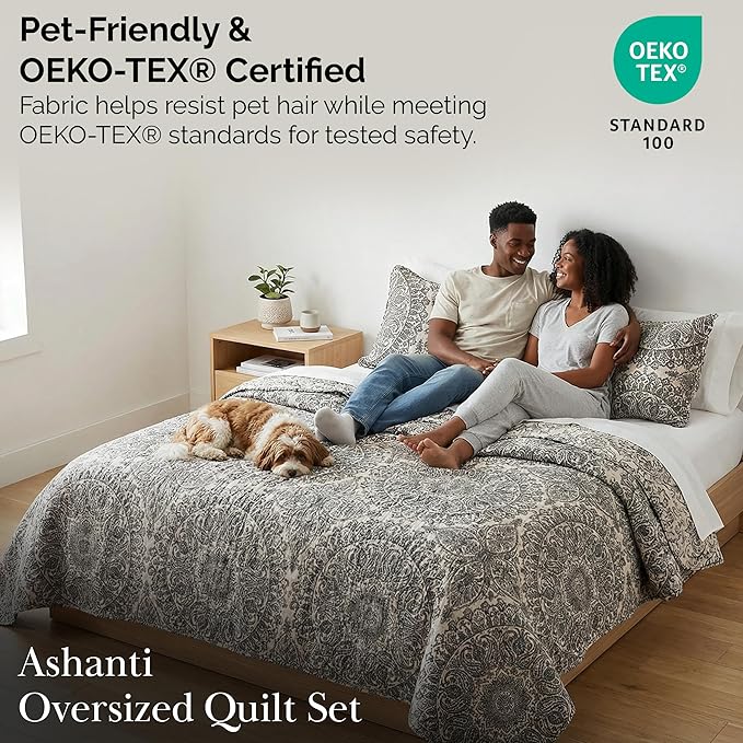Southshore Fine Living, Inc. Ashanti Collection Oversized Quilt Queen Bedding Set Lightweight, Soft Coverlet Bedspread 3-Piece with Two Matching Shams (98 in Wide x 98 in Long), Full/Queen, Grey