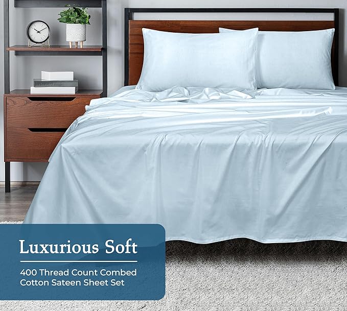 ROYALE LINENS 400 Thread Count 100% American Grown Cotton 4 Piece Sateen King Sheet Set - 1 Fitted Sheet, 1 Flat Sheet, 2 Pillow case - Green King Bedsheet - Cotton Sheets - (King, Florentine Sage)