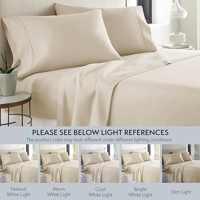 HC COLLECTION Bed Sheets Set Queen with 2 Pillowcases, Hotel Luxury Platinum 1800 Series Brushed Microfiber Deep Pocket Fitted Sheet, Fade Resistant Ultra Soft 4 Pcs Bedding for Hot Sleepers, Cream