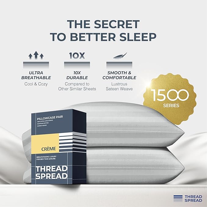 THREAD SPREAD 100% Egyptian Cotton Damask Pillow Cases Queen Size Set of 2 - Luxury 1500 Series Queen Pillow Cases (Silver Stripe), Soft Cooling Envelope Closure Hotel Egyptian Cotton Pillowcases