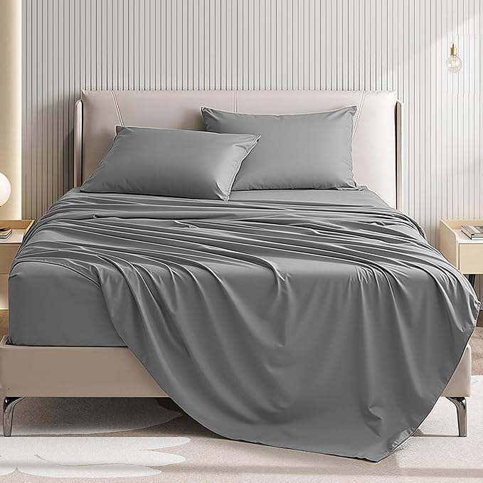 Cal King Size 4 Piece Bed Sheet Set - Premium Breathable & Cooling Sheets- Ultra Imitation Cotton -Hotel Luxury Bed Sheet Deep Pocket up to 15"- Wrinkle, Stain Resistant (Dark Grey, California King)