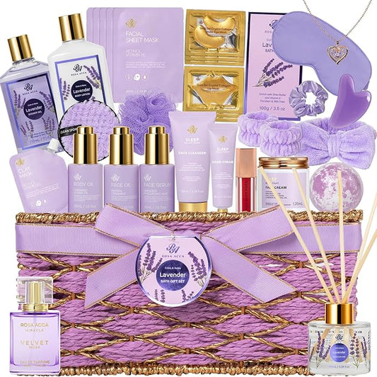 35 Pcs Mothers Day Gifts, Lavender Bath & Body Gift Basket for Women, Facial Skin Care Set, Home Spa Basket, Self-Care Set, Face Sheet Mask, Necklace, Birthday, Christmas,Anniversary