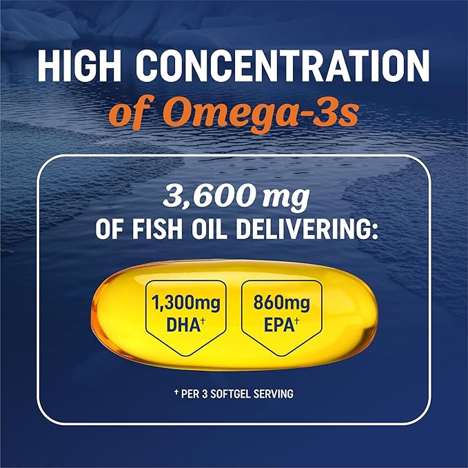 Triple Strength Omega 3 Fish Oil 3600 mg | EPA & DHA | Over 2100mg Omega-3 Fatty Acids | 1300mg EPA + 860mg DHA | Best Essential Fatty Acids | Premium Wild Caught & Burpless Fish Oil | 120 Ct