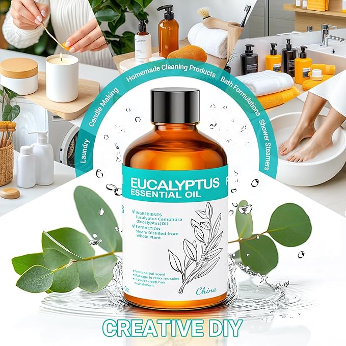 Eucalyptus Essential Oil 3.38 fl oz (100ml), Eucalyptus Oil for Diffuser & Aromatherapy, Natural Oil for Home Fragrance, Humidifier, Candle & Soap Making, Daily Use
