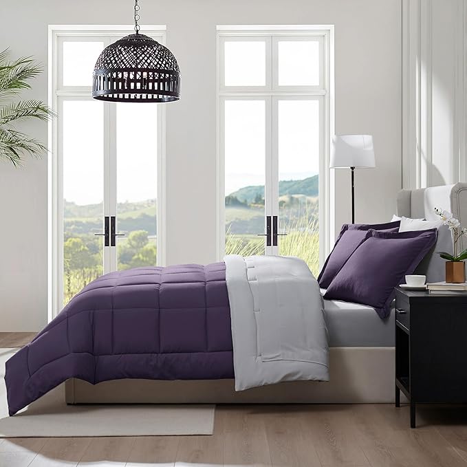Nestl 9 Piece California King Comforter Set – Purple Reversible Bed in a Bag – Complete Cal King Size Bedding Set with Sheets, Set of 2 Down Alternative Pillows, Pillowcases and Shams