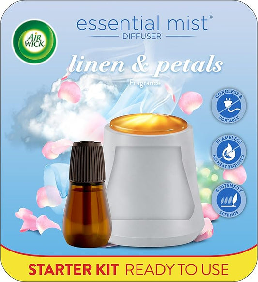 Air Wick Essential Mist Starter Kit (Gadget + 1 Refill), Linen & Petals, Air Freshener, Essential Oils