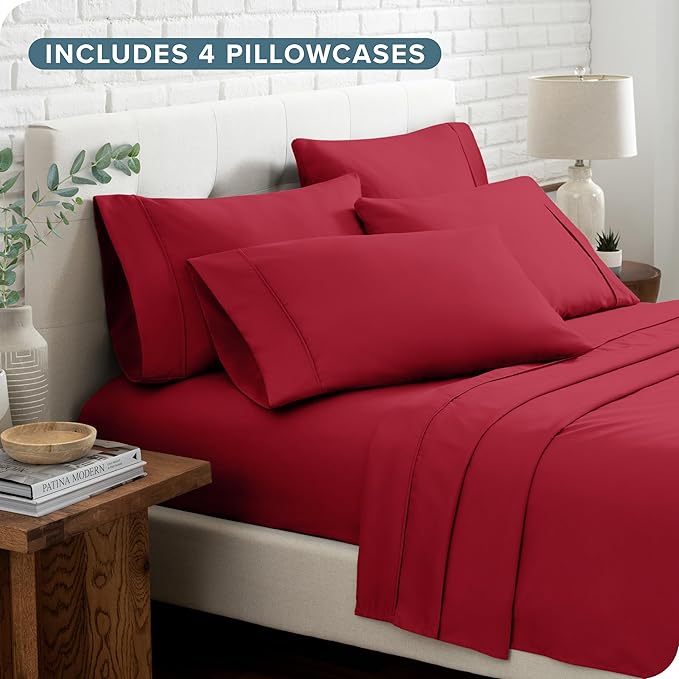 Bare Home Hotel Luxury Cal King Sheet Set, Extra Soft, 6 Piece Set, Deep Pockets, Easy Fit, Cooling & Breathable, Wrinkle, Fade, Stain Resistant, Includes 4 Pillowcases (California King, Red)