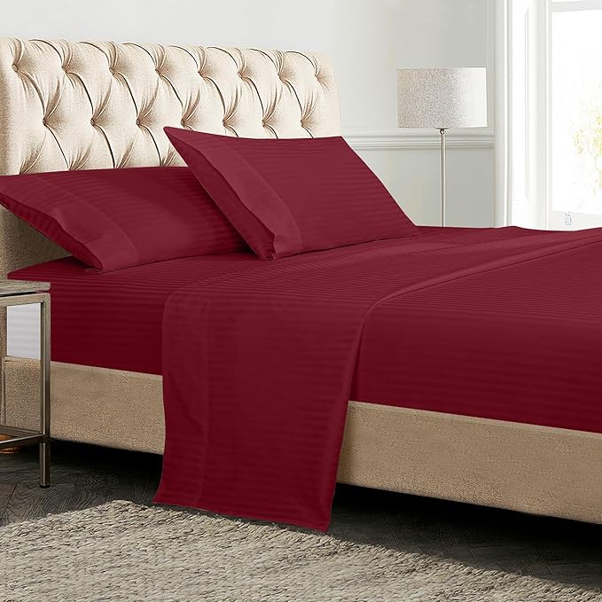 ROYALE LINENS 300 Thread Count 100% Long Staple Combed Cotton Striped Sheet Set - 4 Piece Full Bed Sheets - 1 Fitted, 1 Flat, 2 Pillow Cases -Soft Cool & Crisp Sheet Set (Full, Stripe Burgundy)