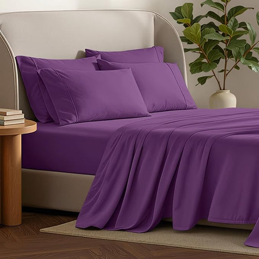 Bare Home Hotel Luxury King Sheet Set, Extra Soft - 6 Piece Set - Deep Pockets - Easy Fit - Cooling & Breathable - Wrinkle, Fade, Stain Resistant - Includes 4 Pillowcases (King, Plum)