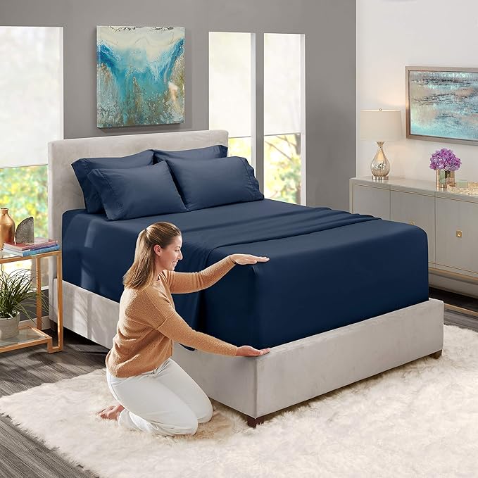 Hearth & Harbor Extra Deep Pocket Sheets - Fits Mattress 18-24 Inches Deep - Extra Deep Pocket California King Size - 6 Piece Cal King Sheets - Cal King, Navy Blue