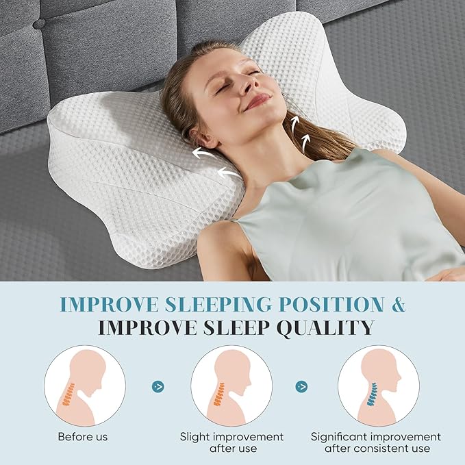 Sweetcrispy Cervical Pillow for Neck and Shoulder - Ergonomic Memory Foam Pillows, Contour Side Sleeper for Adults, Cooling Orthopedic Neck Support for Back Stomach Sleepers, White