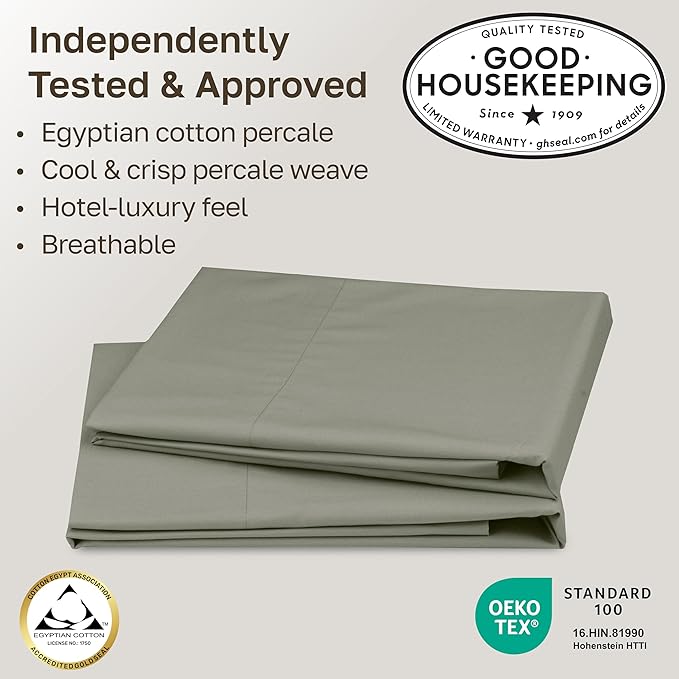 California Design Den 100% Egyptian Cotton Pillow Covers Standard Size/Queen Size Set of 2 - Crisp Percale Feel, Soft & Breathable Pillow Case Cotton (Sage Leaf)