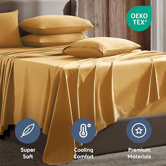 Nestl Extra Deep Cal King Sheet Set - 6 Piece Breathable & Cooling Sheets - Hotel Luxury Bedding Set w/18-24 Inch Deep Pockets - Easy & Secure Fit - Super Soft, Wrinkle Free & Comfy - Camel Gold