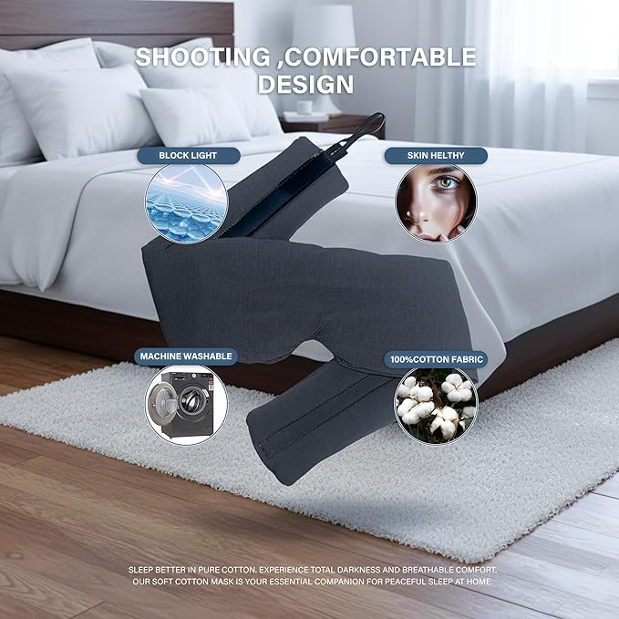 Cotton Sleep Mask for Side Sleepers with Contoured Nose Design, Blackout Eye Mask for Sleeping, Soft Breathable Light Blocking for Men Women, Full Coverage Eye Mask with Ear Covers for Travel
