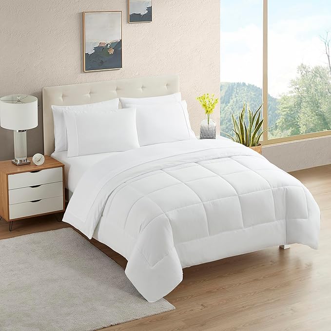 RV Short Queen Comforter Set for RV Camper - Comforter Set with Fitted & Flat Sheet, 4 Pillowcases - Tailored for RV Short Queen Beds - Cozy Essentials for Your RV Bedroom, White