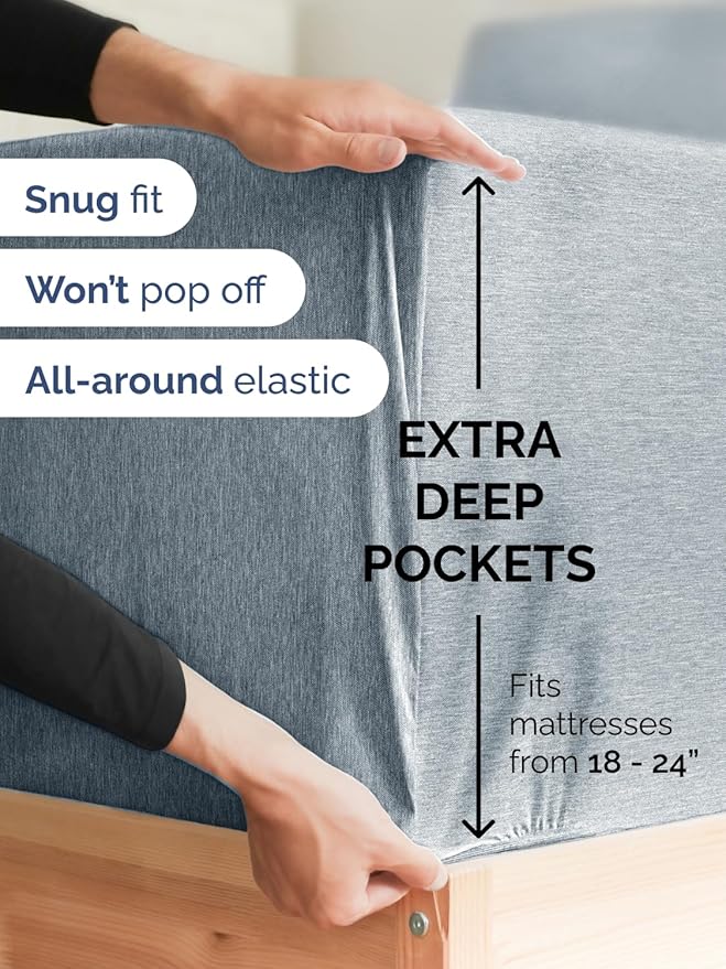 Extra Deep Split King Sheet Set - 5 Piece Breathable & Cooling Bed Sheets - Easily Fits 18 to 24 inch Mattress - Soft, Wrinkle & Fade Free w/ Extra Deep Pockets - Hotel Luxury Bedding - Heathered Blue