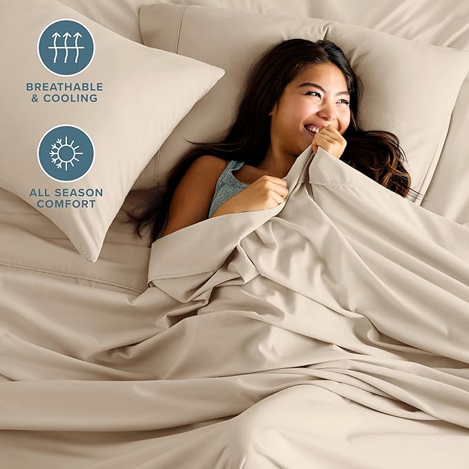 Bare Home Hotel Luxury Twin Sheet Set, Extra Soft - 4 Piece Set - Deep Pockets - Easy Fit - Cooling & Breathable - Wrinkle, Fade, Stain Resistant - Includes 2 Pillowcases (Twin, Sand)