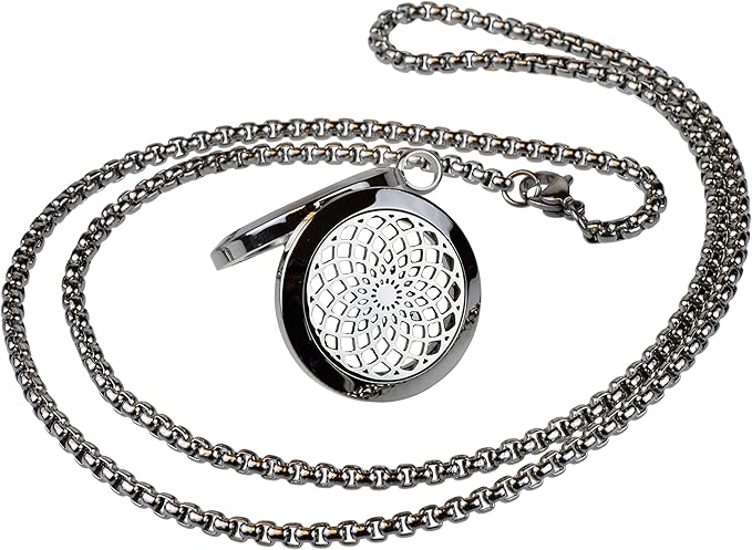 Wild Essentials Sun Mandala Essential Oil Diffuser Necklace, Stainless Steel Locket Pendant with 24 inch Chain, 12 Color Refill Pads, Customizable Color Changing Perfume Jewelry for Aromatherapy