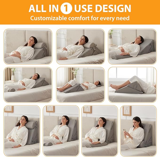 Ruqmuis 3PCS Wedge Pillow Set for After Surgery, Adjustable 9&12 Inch Bed Wedge Pillow for Sleeping, Incline Pillow Wedge for Headboard, Post Surgery, Acid Reflux, Neck&Back Support, Grey