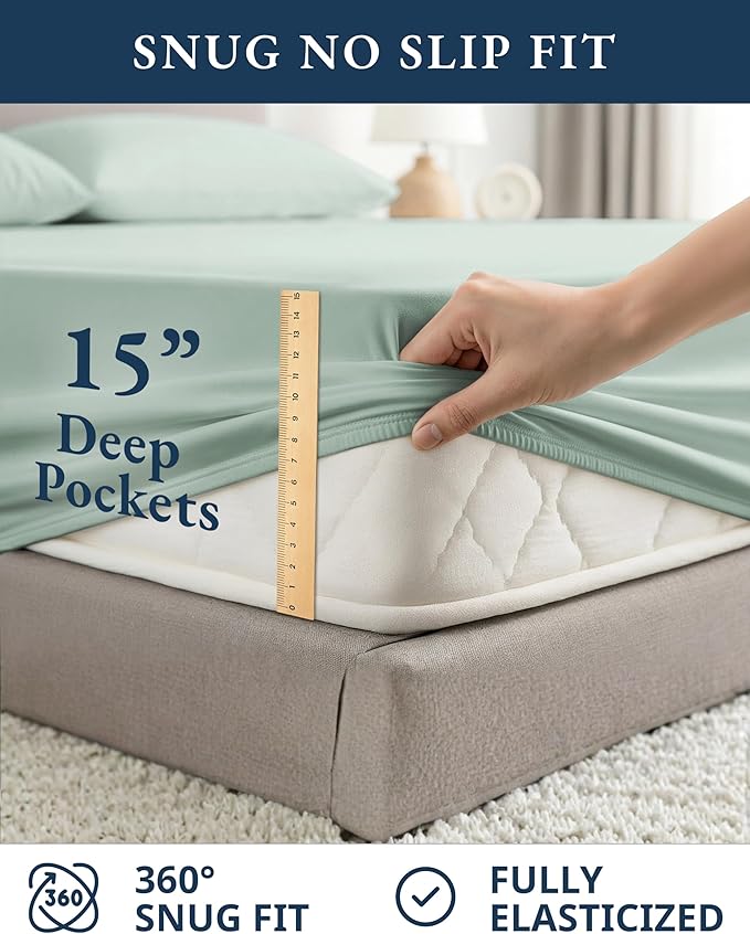 LANE LINEN 100% Organic Cotton Queen Sheets, Fully Elasticized Soft & Comfy Classic Percale Weave, Low Pill Fade Resistant Machine Washable Sheet & Pillowcase Sets, 15" Deep Pocket- Cool Blue