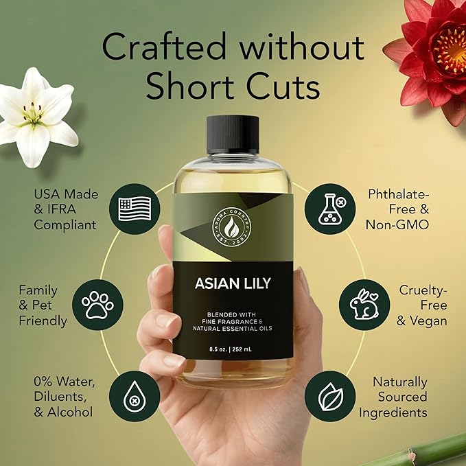 Aroma Country Asian Lily Diffuser Oil - Luxury Essential Oils for Diffuser Refill & Air Freshener Room Spray, Long-Lasting, Natural Home Fragrance and Hotel Scent for Diffusers & Machines (8.5 Fl Oz)