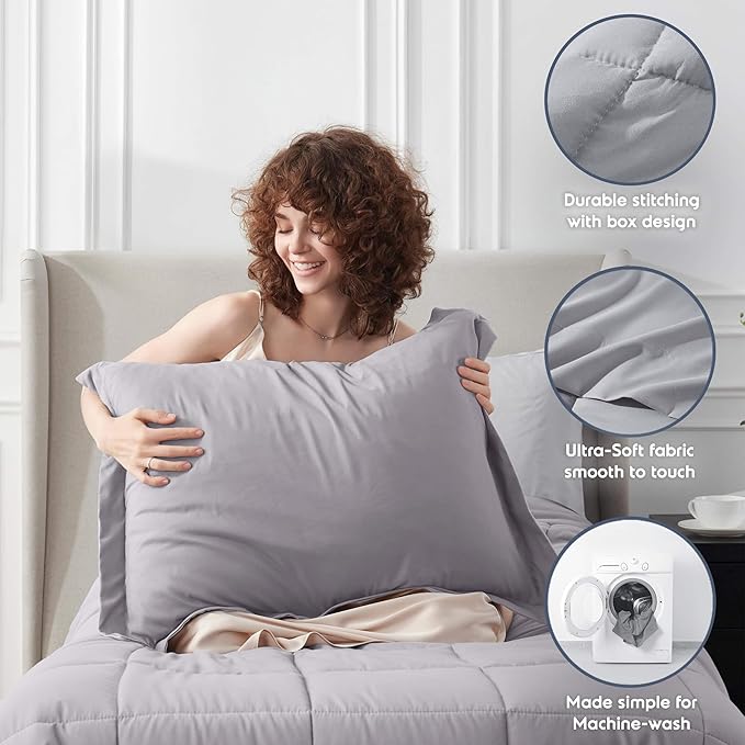 Nestl 7 Piece Twin XL Comforter Set – Grey Lavender Reversible Bed in a Bag – Complete Twin XL Size Bedding Set with Sheets, Set of 2 Cooling Pillows, Pillowcase and Sham