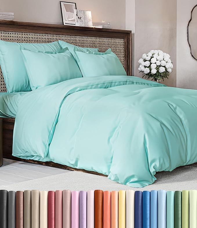Duvet Cover Cal King Size Set - Extra Soft Cal King Duvet Cover 104" x 98" with 2 Pillow Shams - Hotel Luxury, Easy Care & Fade Free with Zipper Closures & Ties - Comfy, Cozy & Breathable (Spa Blue)