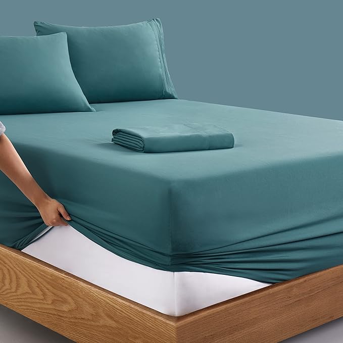 Manyshofu Extra Deep Pocket Twin Sheets Set - Hotel Luxury 1800 Thread Count Sheets & Pillowcases - Kids Bedding Set up to 24" Mattress - Teal Bed Sheets 18-24 Inch Deep Pockets - 3 Piece