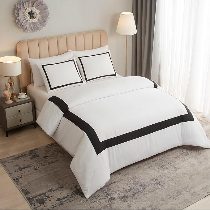 OSVINO Twin Duvet Cover Set-Hotel Luxury Black White Geometric Line Pattern Microfiber Bedding, 2 Pieces with Pillowcase, Soft Breathable with Zipper Closure Wrinkle Resistant, Comforter Not Included
