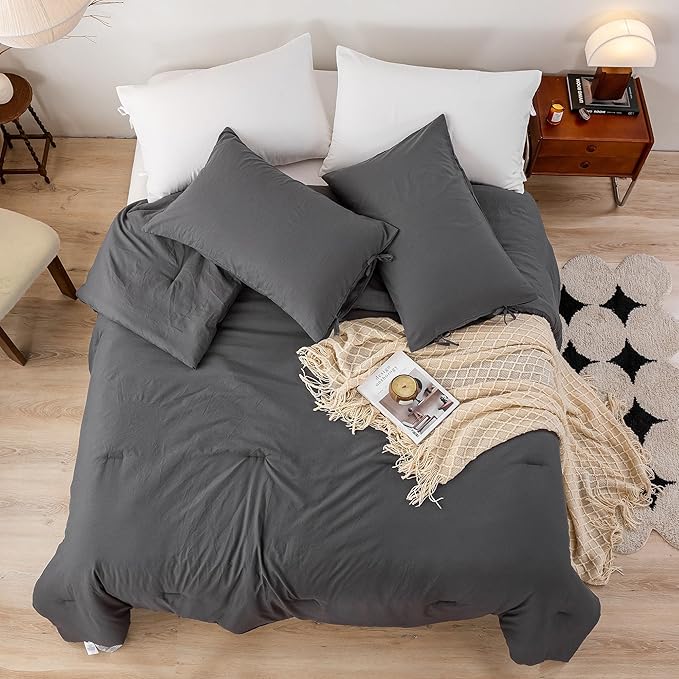 King Bed Comforter Set, Super Soft Washed Polycotton Fabric, Cozy Comfy Down Alternative Bed Blanket 1 Comforter Set & 2 Pillowcase Lightweight but Warm for All Season Use,King Dark Grey