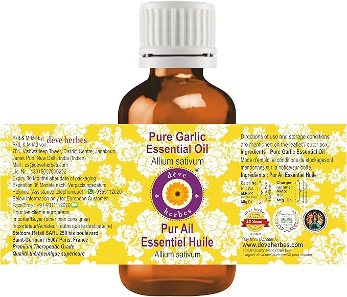 Deve Herbes Pure Garlic Essential Oil (Allium sativum) Steam Distilled 30ml (1 oz)