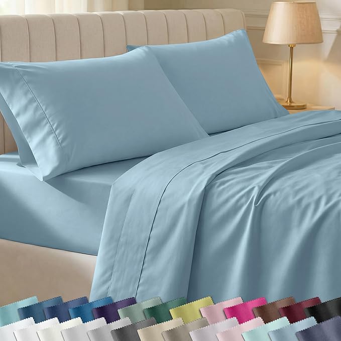 California Design Den Soft 100% Cotton Bed Sheets Twin XL Set, 400 Thread Count Good Housekeeping Award Winner, Silky Smooth Sateen Weave, Durable Twin XL Bed Sheet Set - Sky Blue