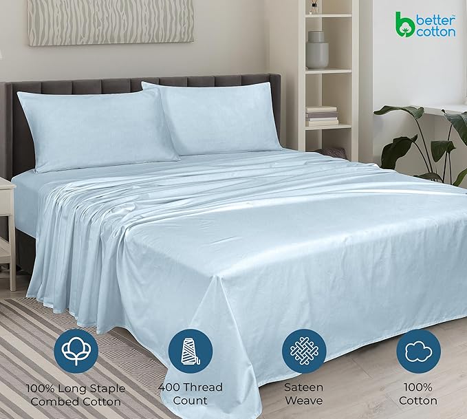 ROYALE LINENS 400 Thread Count 100% American Grown Cotton 4 Piece Sateen King Sheet Set - 1 Fitted Sheet, 1 Flat Sheet, 2 Pillow case - Green King Bedsheet - Cotton Sheets - (King, Florentine Sage)