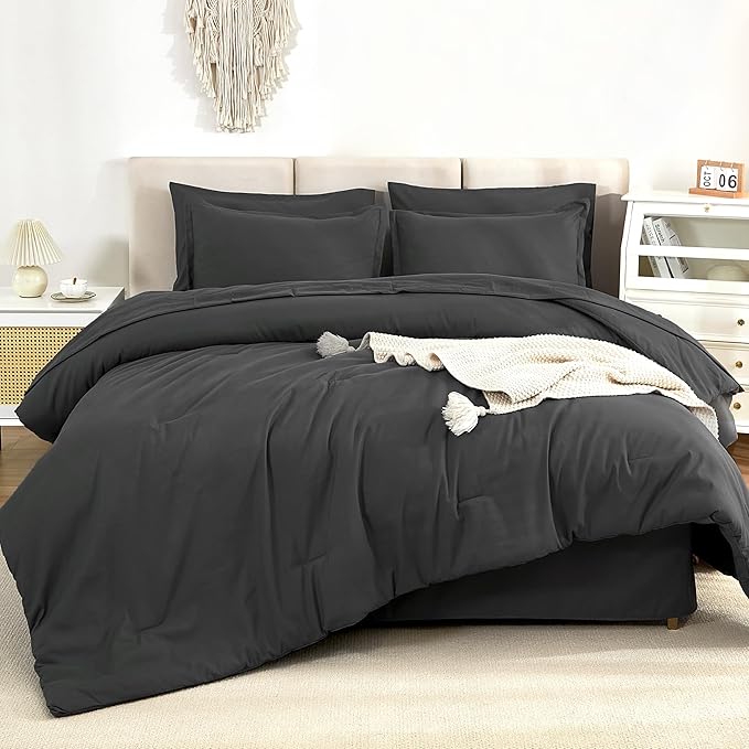 Litanika Comforter California King Size Set Dark Grey - 7 Pieces Bed in a Bag California King Bedding Comforter Sets, Plain Lightweight Bed Set with Comforter, Sheets, Pillowcases & Shams