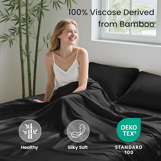 Love's cabin 4 Piece King Size Sheet Set, 100% Rayon Derived from Bamboo, Cooling & Breathable, Soft Silky Deep Pocket up to 16", Hotel Luxury Bedding for Hot Sleepers, Black