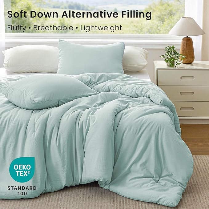 Love's cabin King Size Comforter Set Light Blue, 3-Piece 90% Polyester 10% Linen Blend Bedding Set, Linen-Look Textured Stripe, Down Alternative All-Season Comforter with Pillow Shams | Soft, Breathable, Lightweight