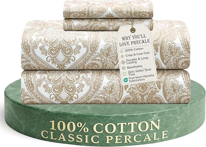 Feather & Stitch Softest 100% Cotton Sheets, 300 Thread Count Percale Weave Bedding, 16" Deep Pocket, Cooling Sheets, Breathable Bed Set, Hotel Premium Quality (King, Ivory Paisley)