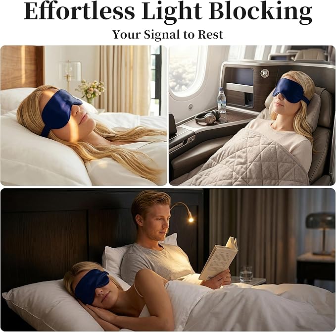 ZLYC 100% Mulberry Silk Sleep Mask Pressure-Free Eye Cover Soft Light Blocking Blindfold for Travel & Nap, Solid Navy