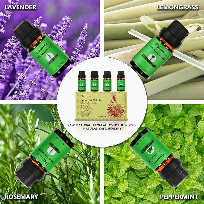 Essential Oils Set,100% Pure Natural,4 Scents(Peppermint/Rosemary/Lemongrass/Lavender),for Aromatherapy and Home Fragrance,Aroma Therapy Oil,Gift for Christmas Gifts (0.33Fl Oz*4, Grass Set)