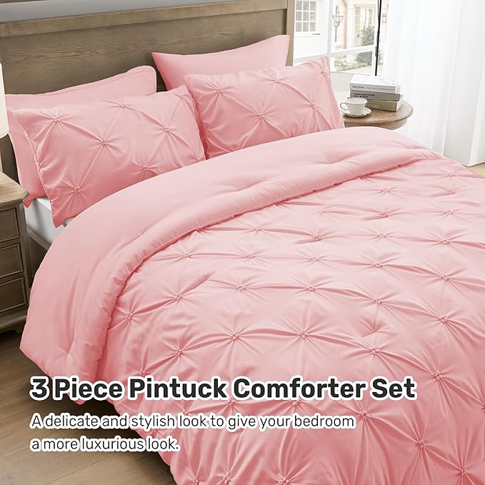 UNIKOME Queen Comforter Set Pink - Ultra Soft Boho Pintuck Down Alternative Bedding Set for All Seasons, 3 Pieces Lightweight Warm Pinch Pleat Bed Set with Comforter, 2 Pillowcases