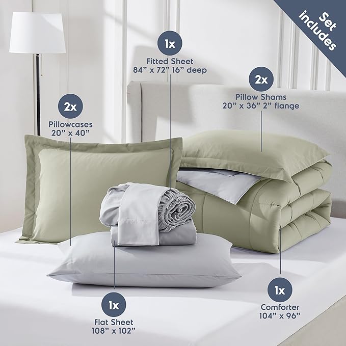 Nestl 9 Piece California King Comforter Set – Light Sage Reversible Bed in a Bag – Complete Cal King Size Bedding Set with Sheets, Set of 2 Down Alternative Pillows, Pillowcases and Shams