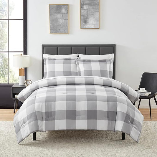 7 Piece Comforter Set Bag Solid Color All Season Soft Down Alternative Blanket & Luxurious Microfiber Bed Sheets, Queen, Checkered Box